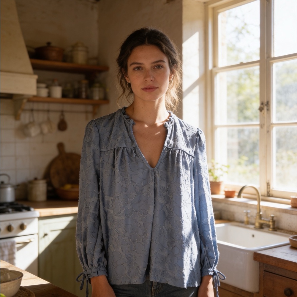Lucky Brand Dusty Blue V-Neck Long Sleeve Blouse